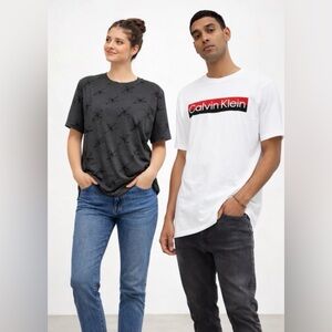 Calvin Klein Unisex Logo Tee Bundle (2)~White CK + Gray All-Over Print ~ Size M